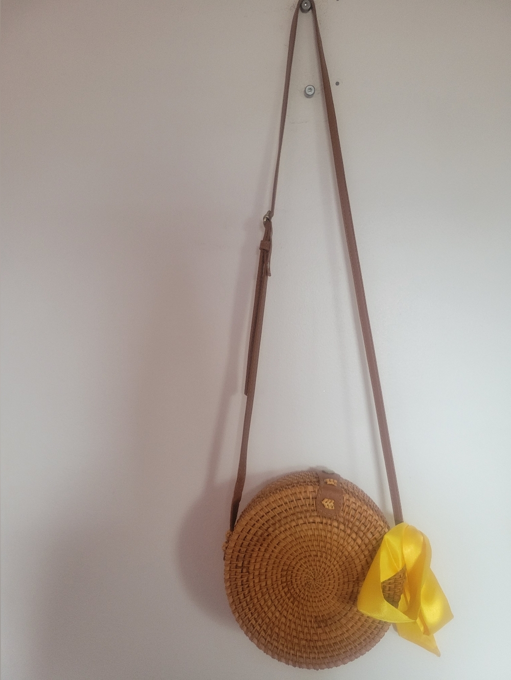 Woven Round Crossbody Bag with Navy Floral Lining - Brown
